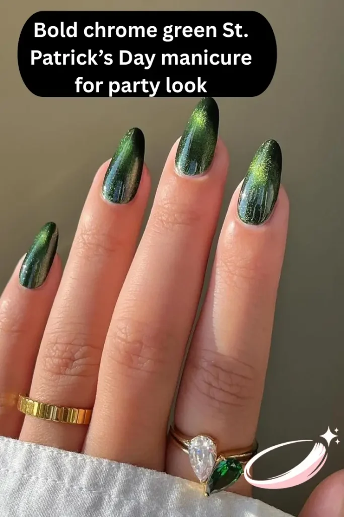 Bold chrome green St. Patrick’s Day manicure for party look