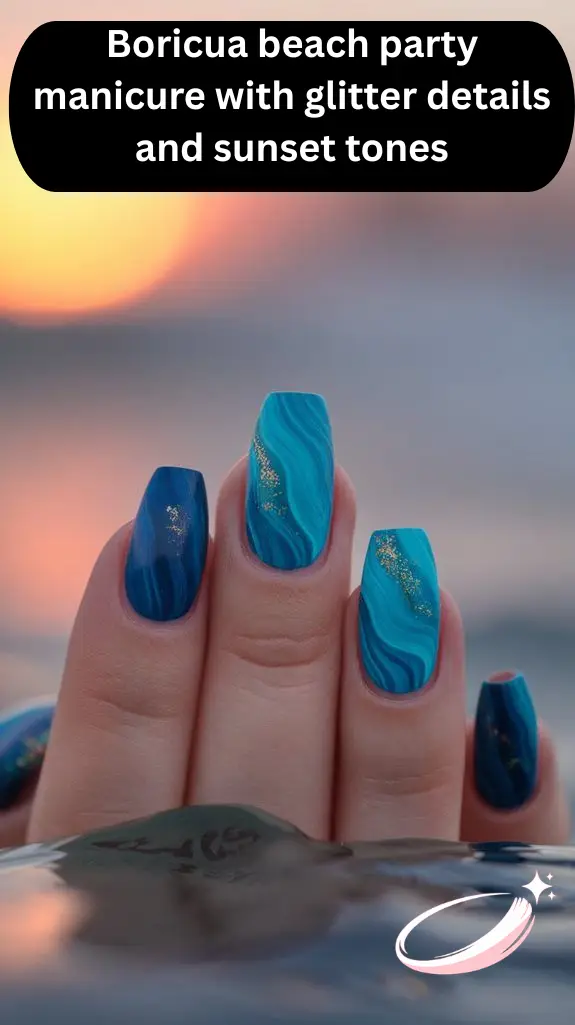 Boricua beach party manicure with glitter details and sunset tones