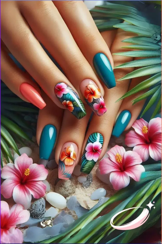 Puerto Rican nails for vacation with tropical colors and palm accents