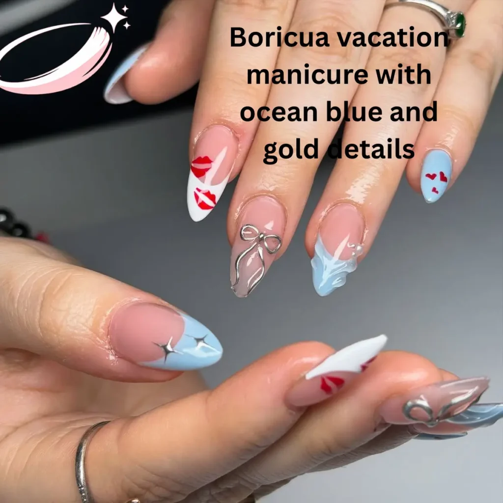 Boricua vacation manicure with ocean blue and gold details