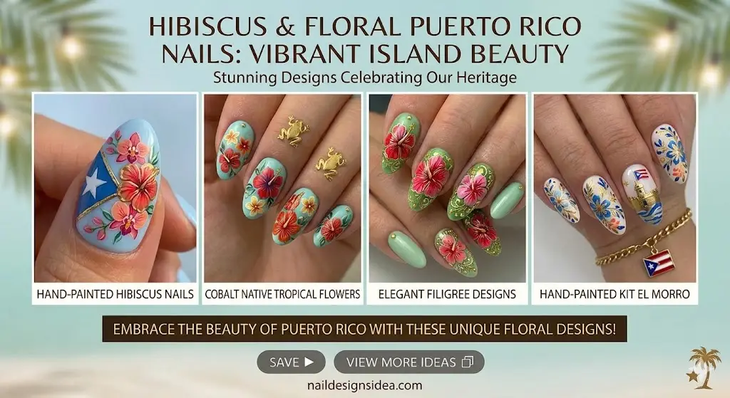 Bright floral Puerto Rico nails with tropical pink and green tones