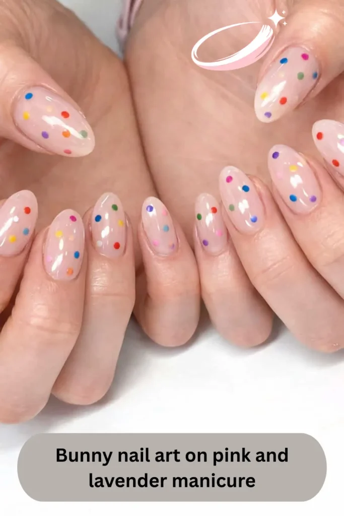 Bunny nail art on pink and lavender manicure