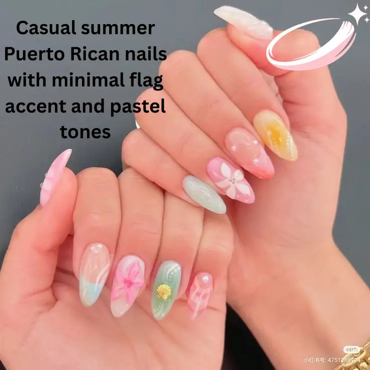 Casual summer Puerto Rican nails with minimal flag accent and pastel tones