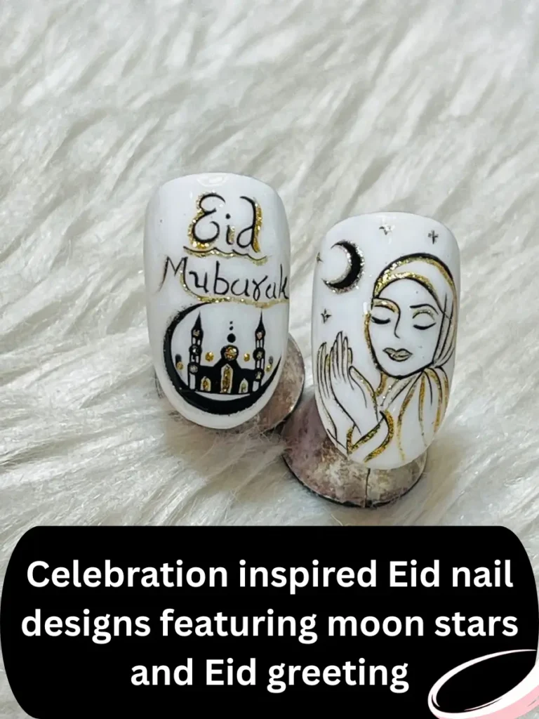 Celebration inspired Eid nail designs featuring moon stars and Eid greeting