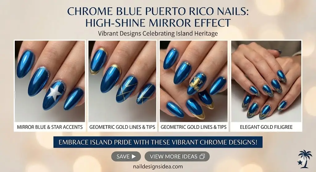 Chrome blue Puerto Rico nail design with high-shine mirror effect