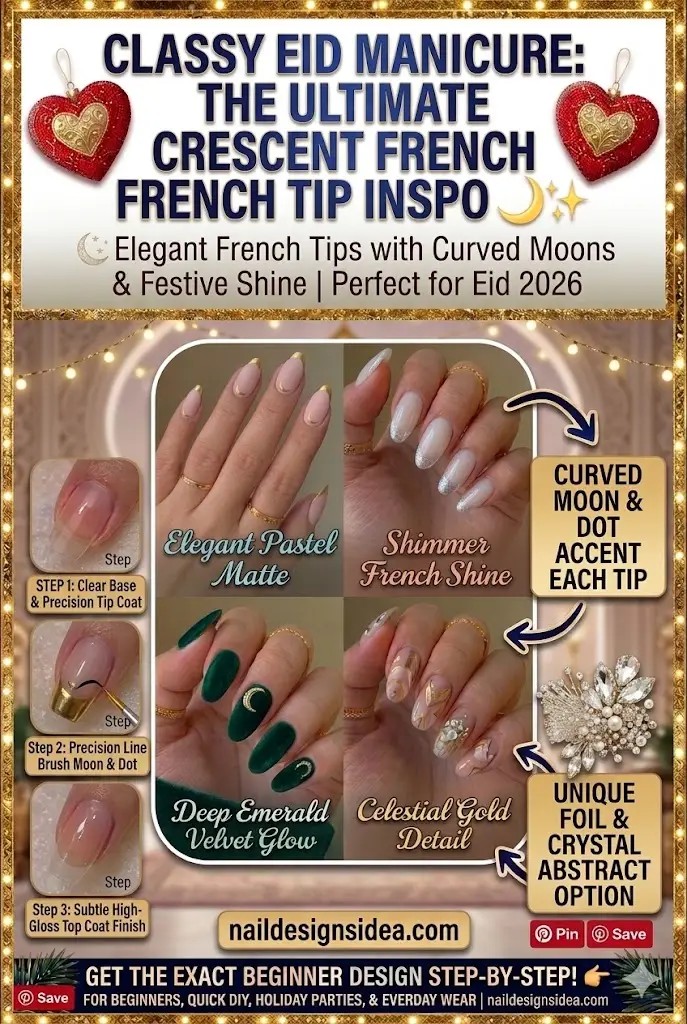 Classy Eid manicure with curved crescent French tip nail design