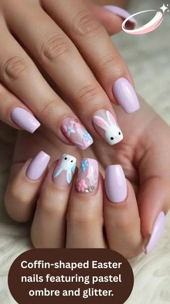 Coffin-shaped Easter nails featuring pastel ombre and glitter.