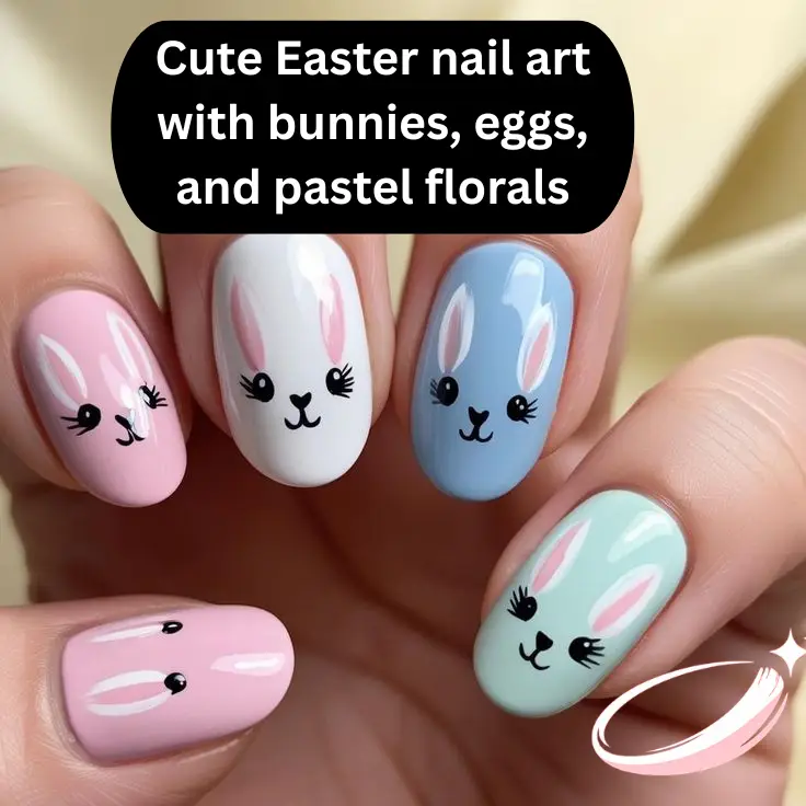 Cute Easter nail art with bunnies, eggs, and pastel florals