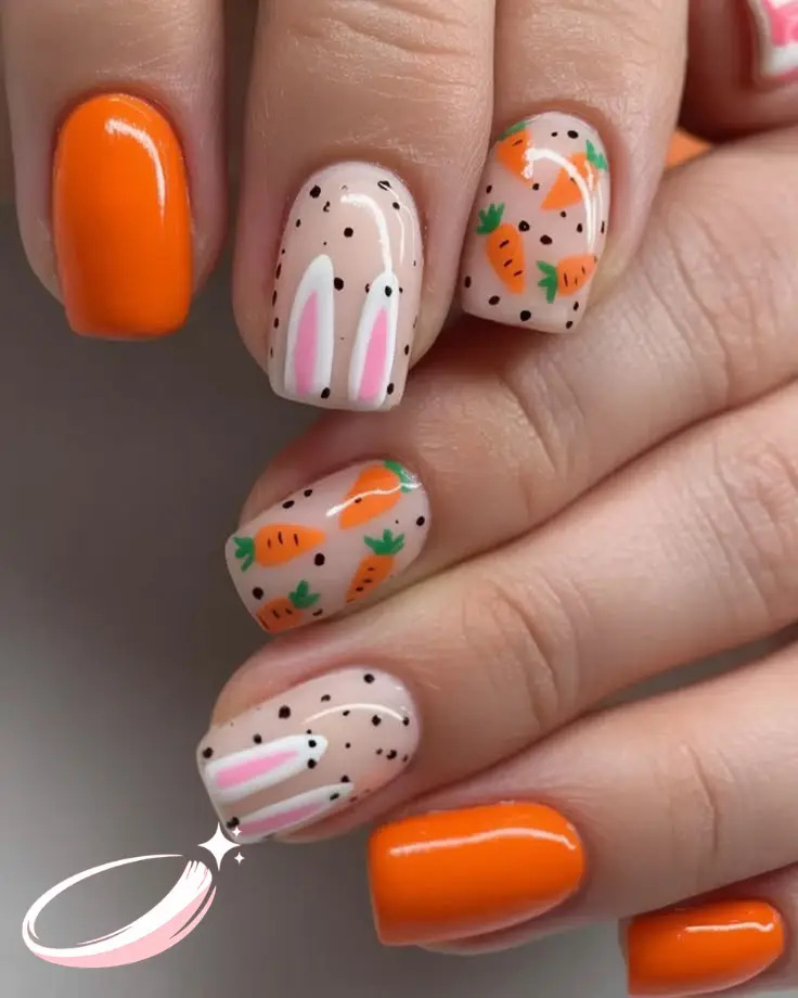 Cute Easter nails with tiny carrot accents on soft green nails