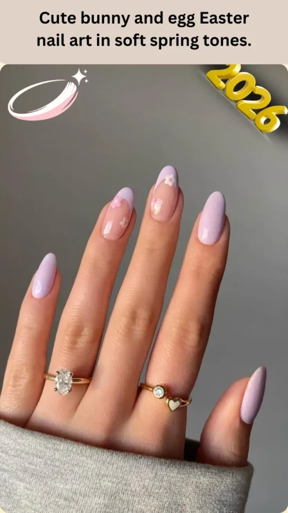 Cute bunny and egg Easter nail art in soft spring tones.