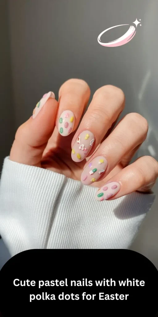 Cute pastel nails with white polka dots for Easter