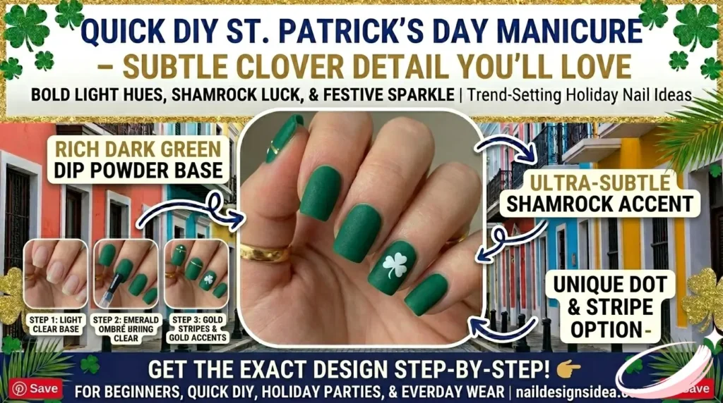 Dip powder St. Patrick’s Day nails in dark green with subtle shamrocks