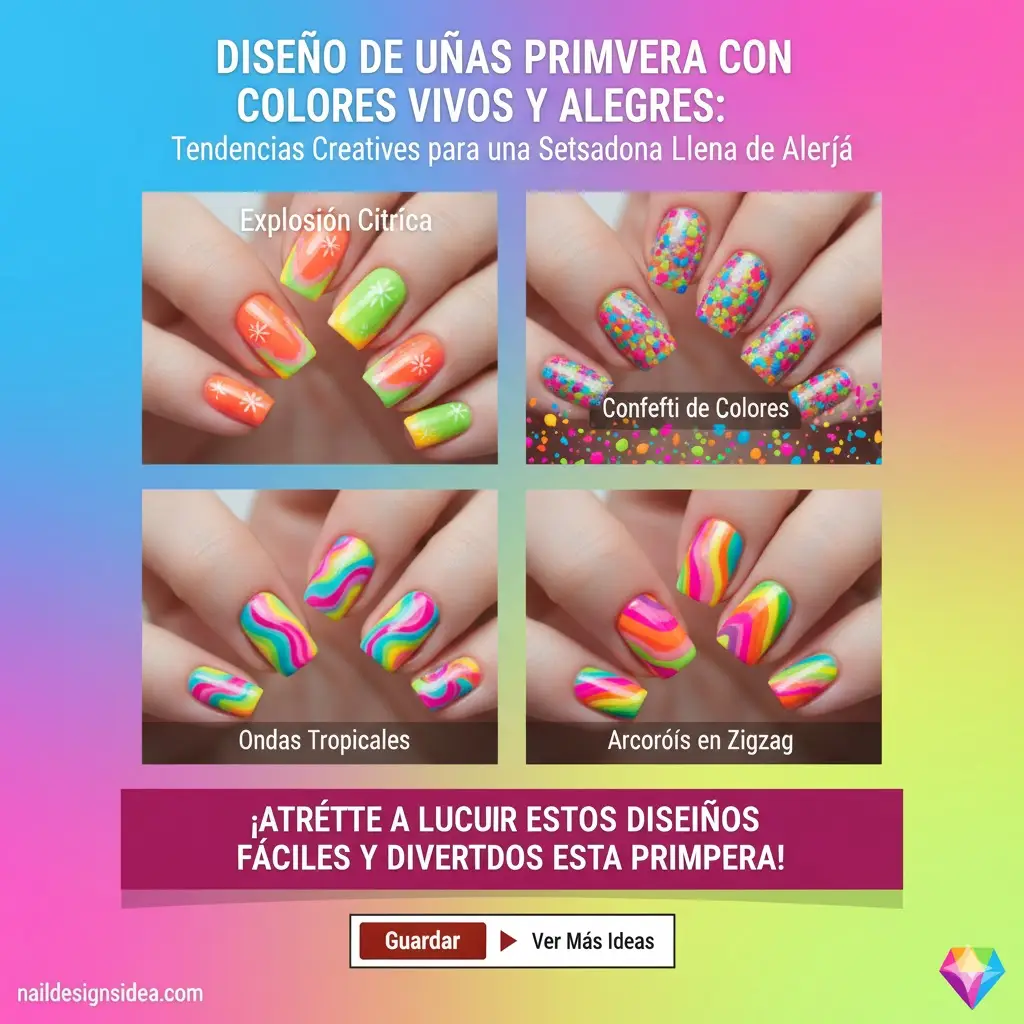 Diseño de uñas primavera con colores vivos y alegres