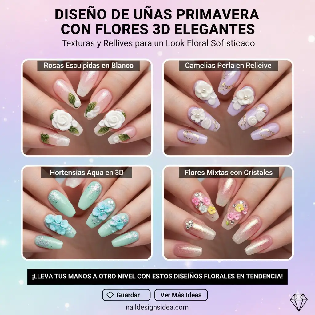 Diseño de uñas primavera con flores 3D elegantes