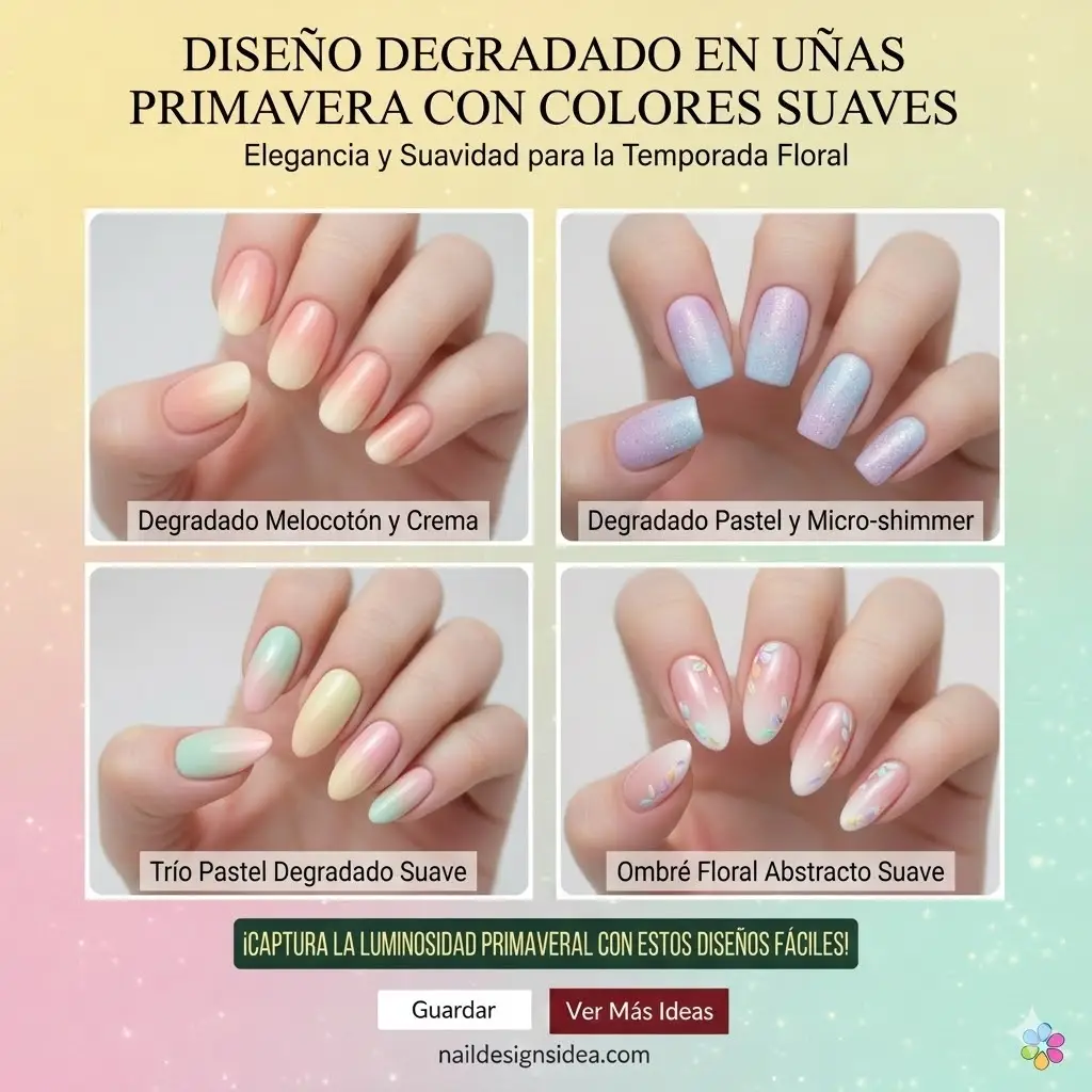 Diseño degradado en uñas primavera con colores suaves