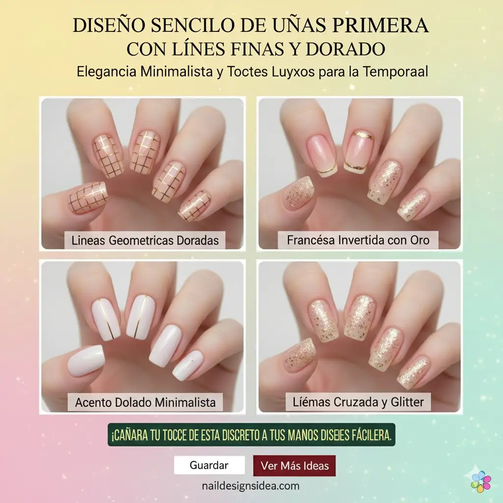 Diseño sencillo de uñas primavera con líneas finas y dorado