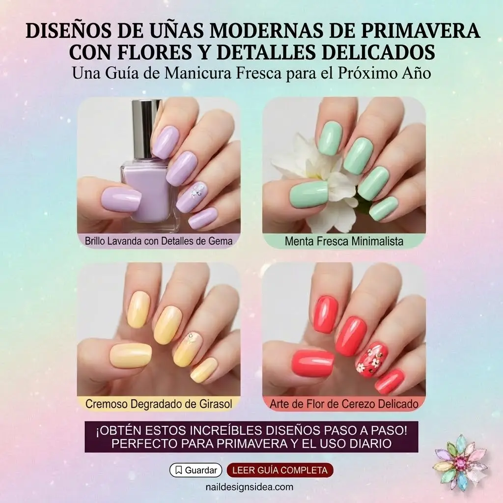 Diseños de uñas modernas de primavera con flores y detalles delicados