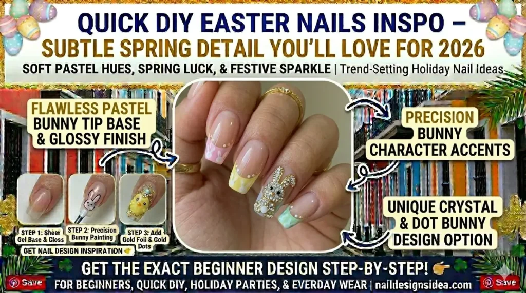 Easter nails featuring playful bunny illustrations on soft pastels