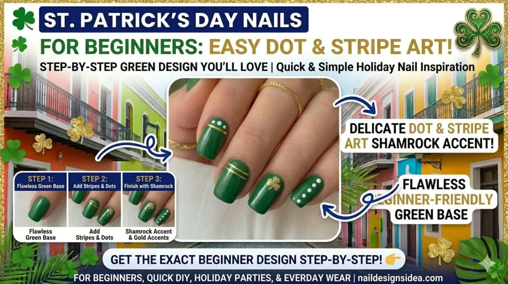 Easy St. Patrick’s Day nail design for beginners using dot and stripe art