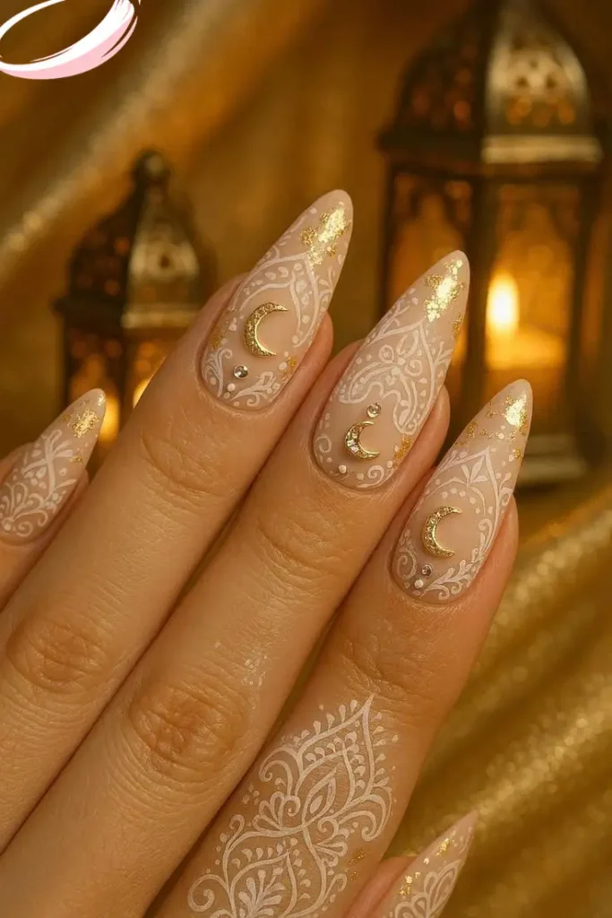 Elegant Eid nail art with subtle Eid Mubarak lettering design