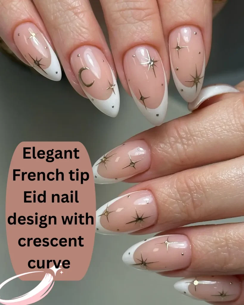 Elegant French tip Eid nail design with crescent curve manicure style