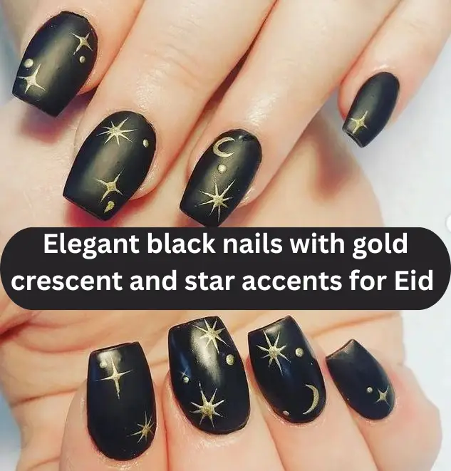Elegant black nails with gold crescent and star accents for Eid celebration