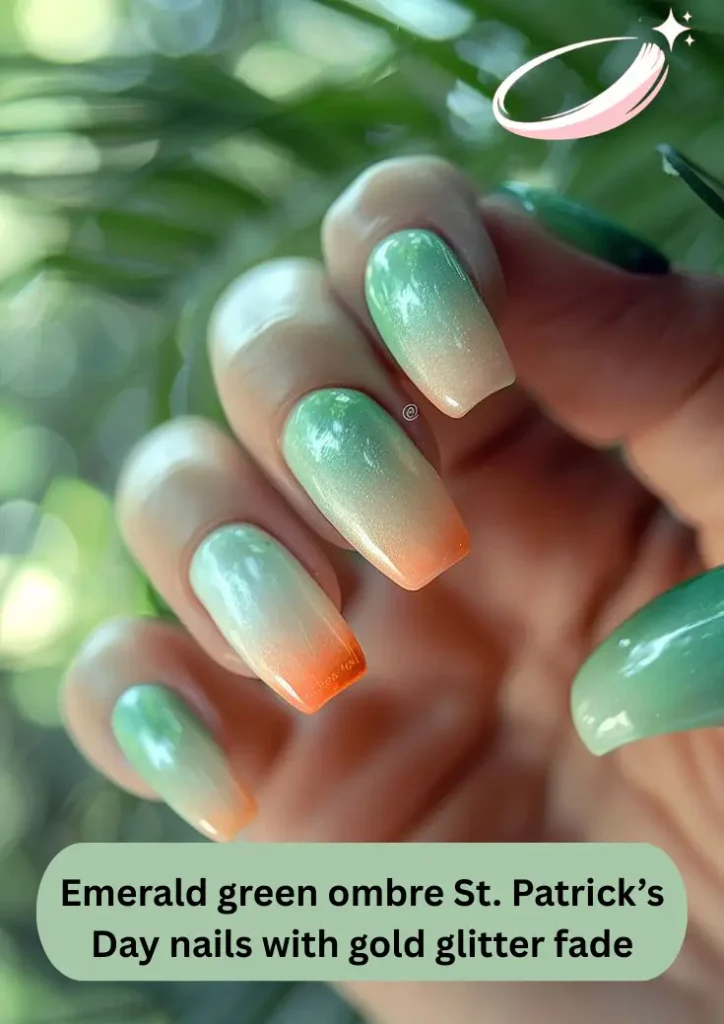 Emerald green ombre St. Patrick’s Day nails with gold glitter fade