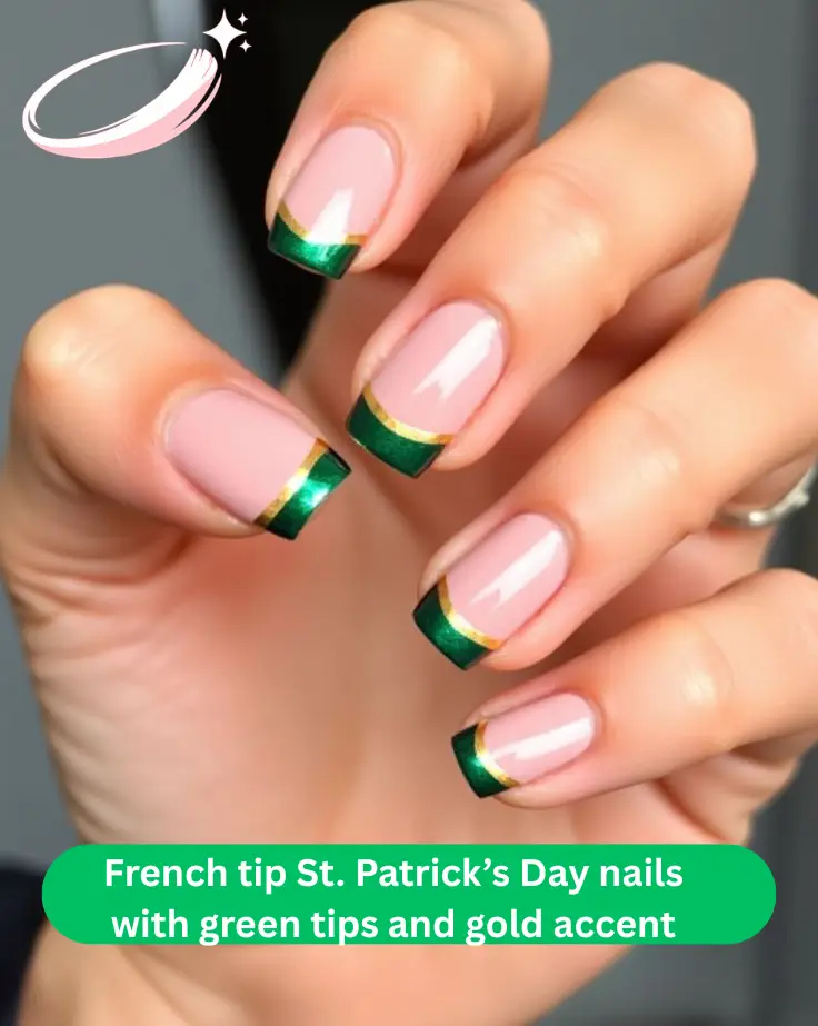 French tip St. Patrick’s Day nails with green tips and gold accents