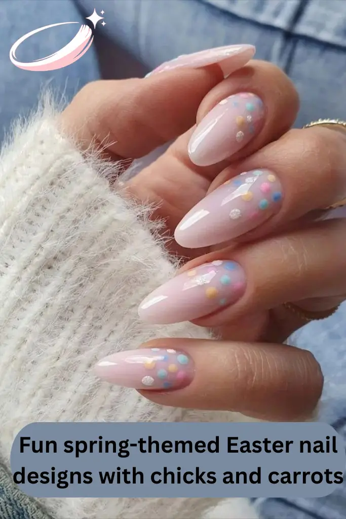 Fun spring-themed Easter nail designs with chicks and carrots