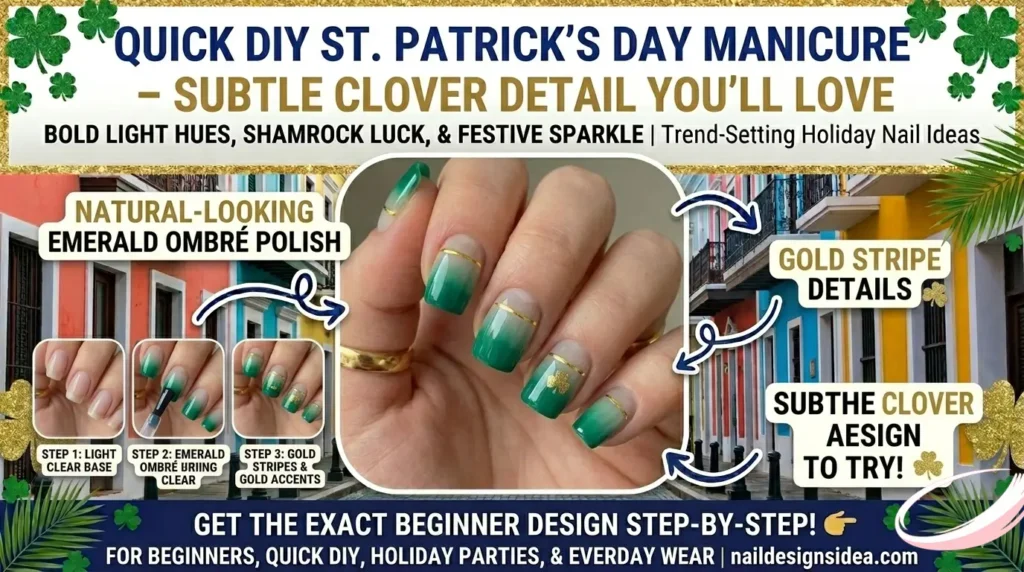 Gel St. Patrick’s Day manicure with emerald ombre and gold stripe details