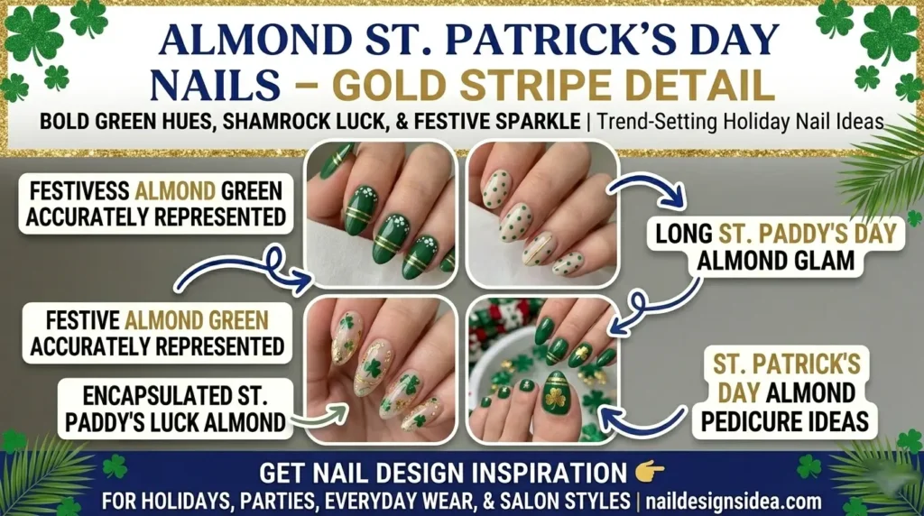 Almond short St. Patrick’s Day nails with gold stripe detail