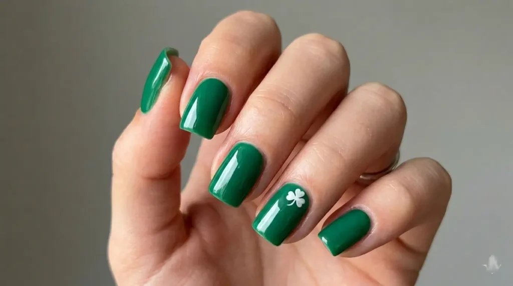 Cute St. Patrick’s Day short nails with minimalist shamrock accent