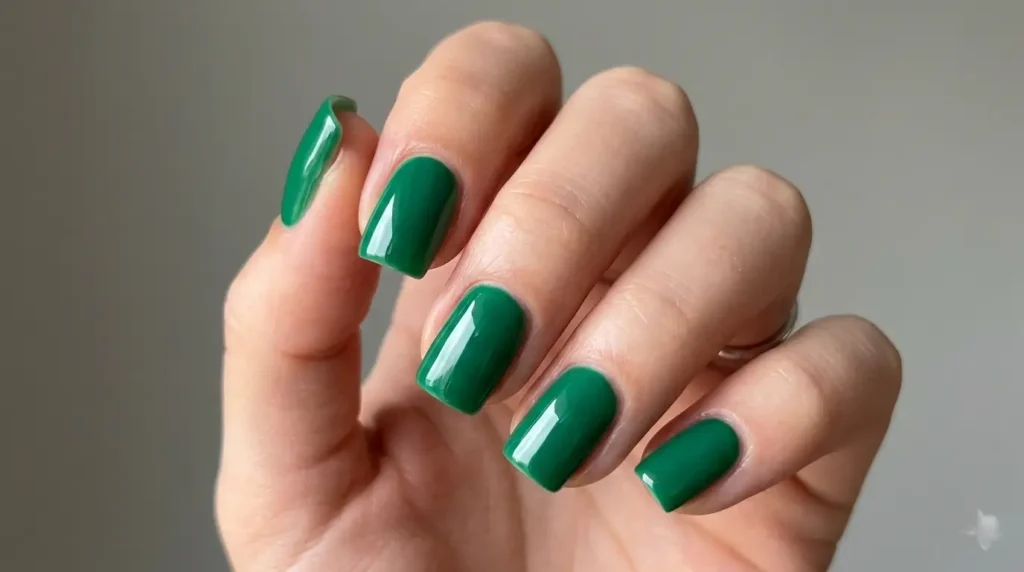 Short St. Patrick’s Day nails in glossy emerald green on square shape