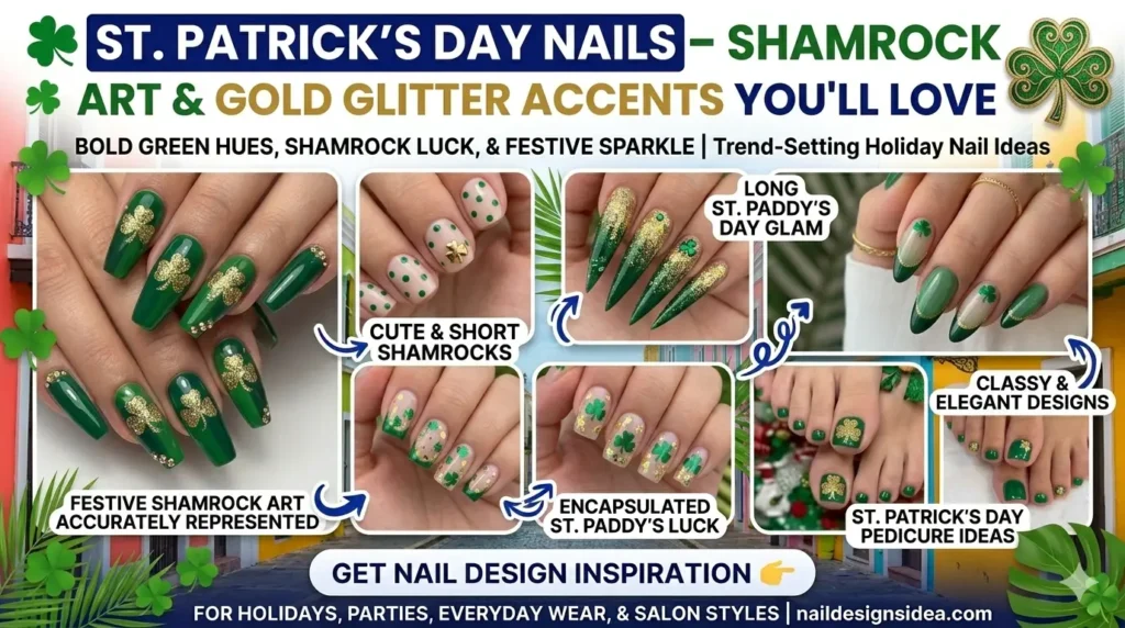 St. Patrick’s Day nail designs with green shamrock art and gold glitter accents