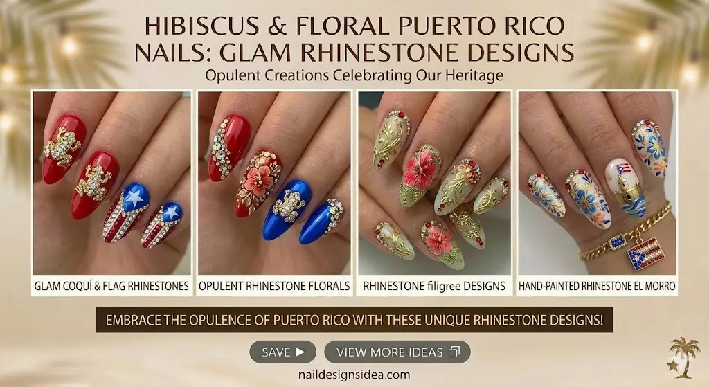 Glam Puerto Rico nails with rhinestones on red and blue glossy base