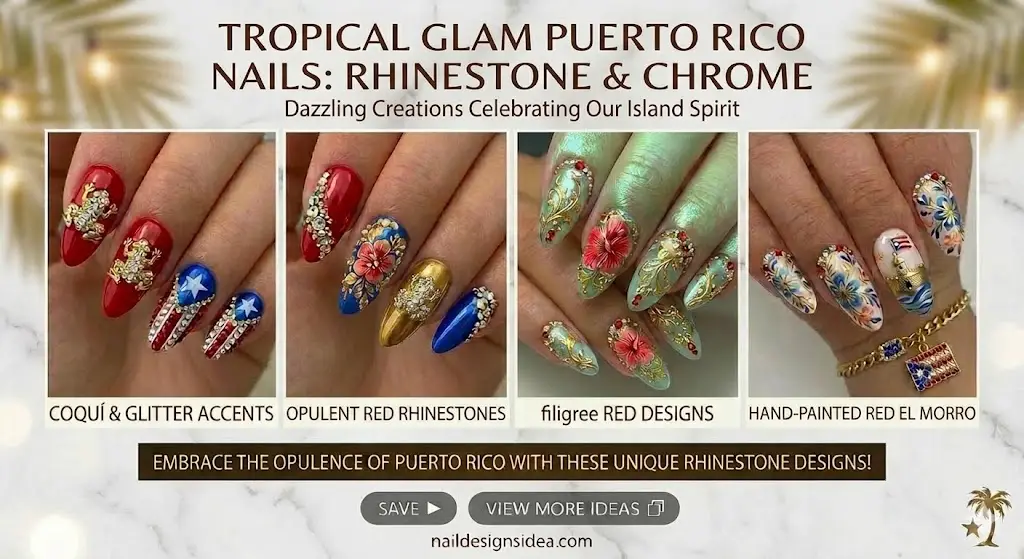 Glam tropical nails with rhinestones and chrome shine for Puerto Rico style