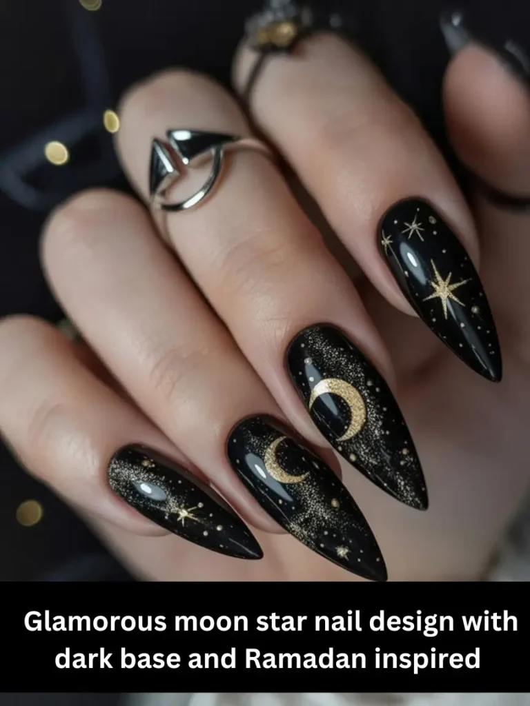 Glamorous moon star nail design with dark base and Ramadan inspired details