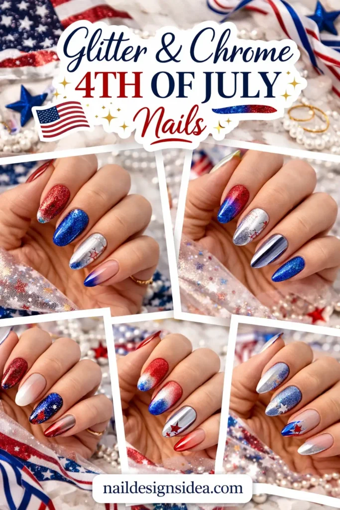 Glitter & Chrome 4th of July Nails