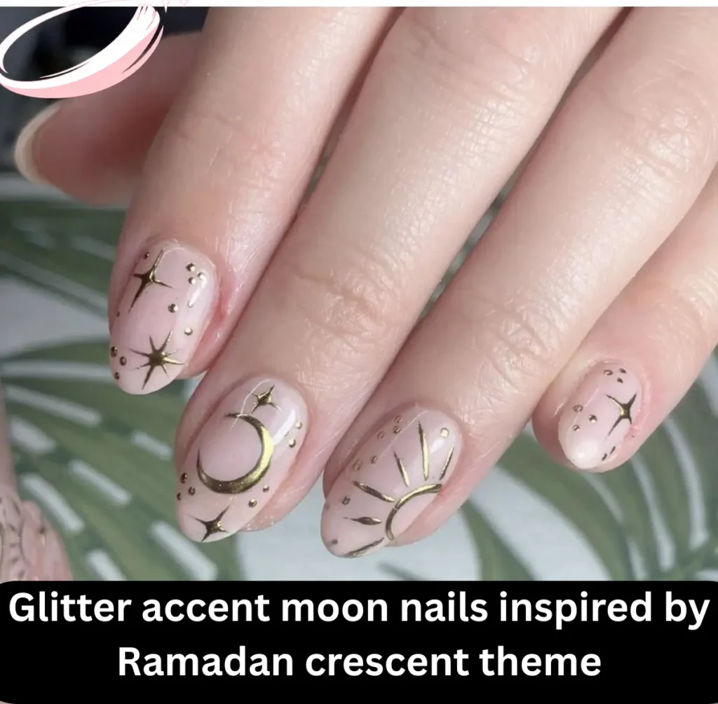 Glitter accent moon nails inspired by Ramadan crescent theme