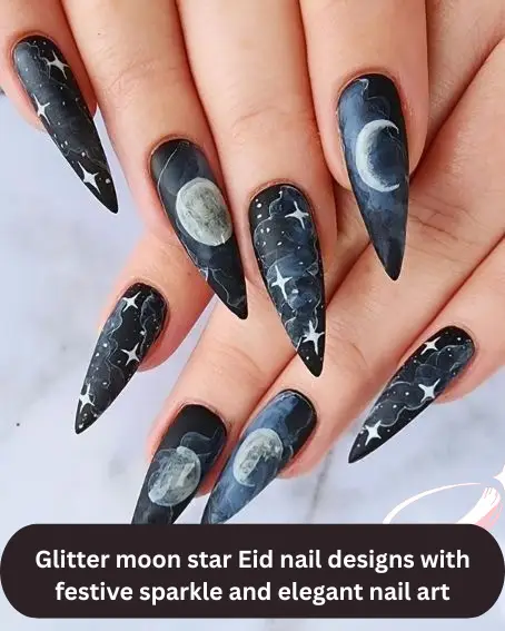 Glitter moon star Eid nail designs with festive sparkle and elegant nail art