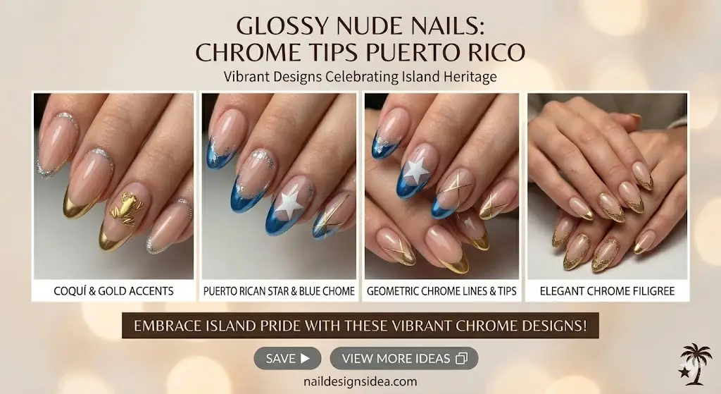 Glossy nude nails with chrome tips inspired by Puerto Rico nail trends