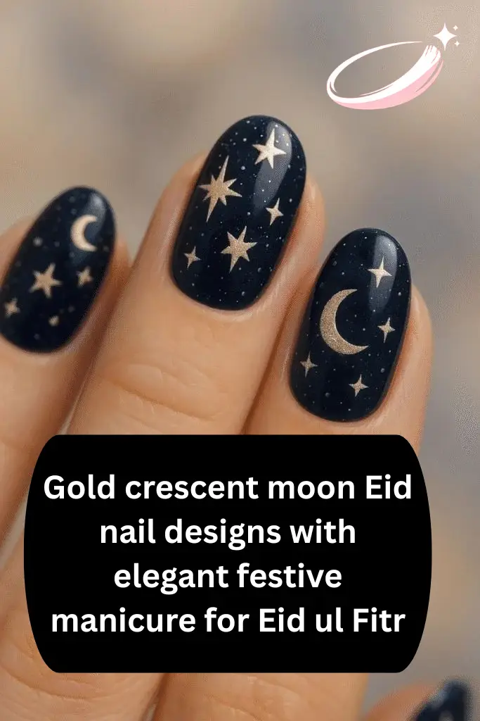 Gold crescent moon Eid nail designs with elegant festive manicure for Eid ul Fitr