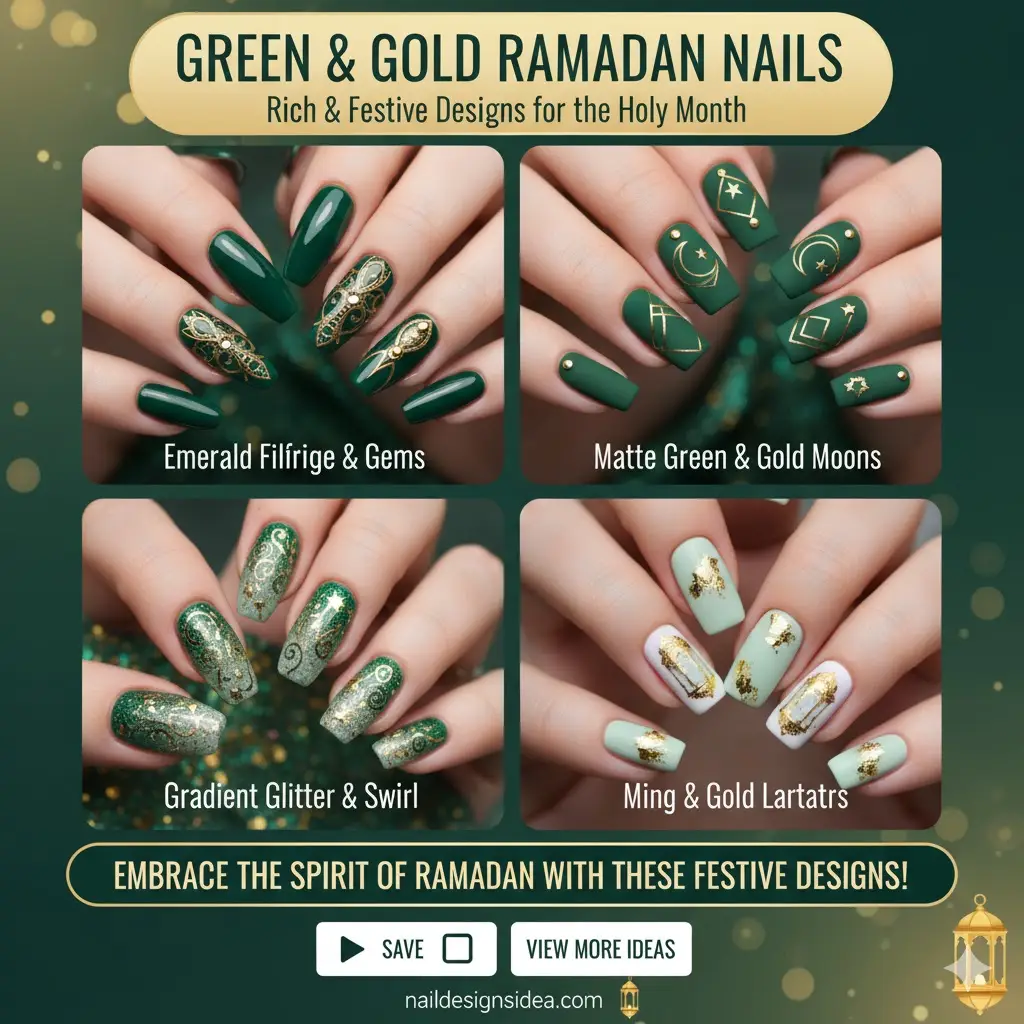 Green and Gold Ramadan Nails