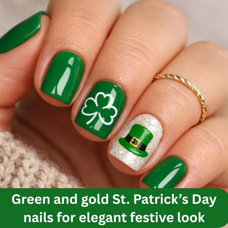 Green and gold St. Patrick’s Day nails for elegant festive look