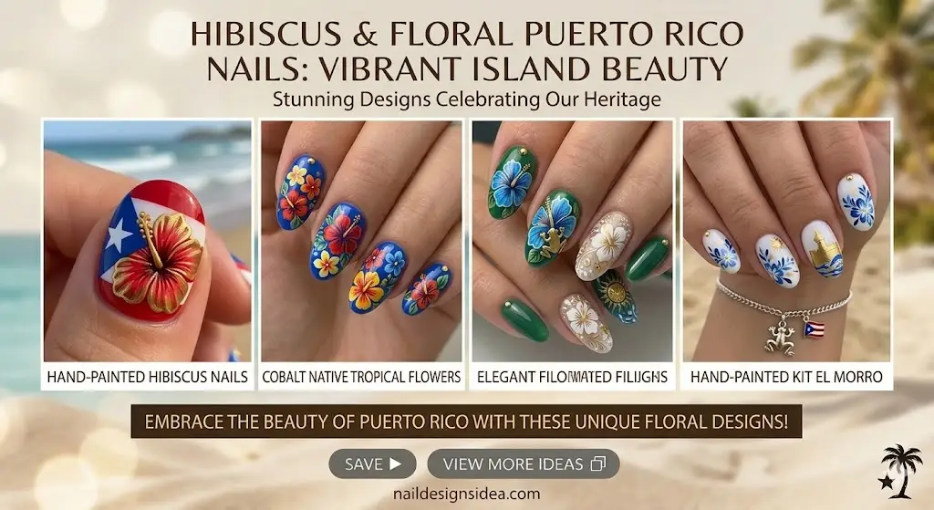 Hibiscus flower Puerto Rico nails in red and pink on glossy base