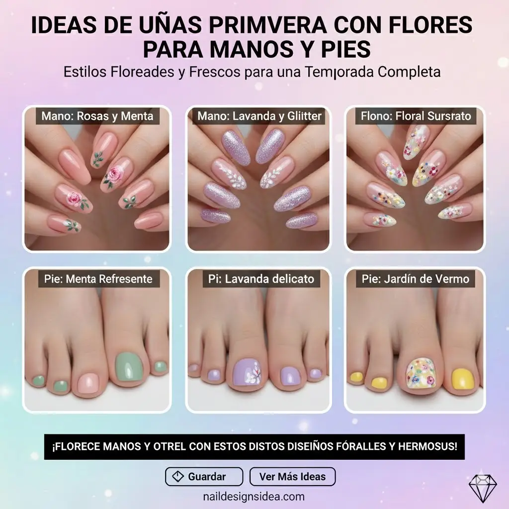Ideas de uñas primavera con flores para manos y pies