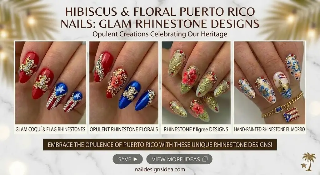 Long acrylic Puerto Rico nails with rhinestones and glitter finish
