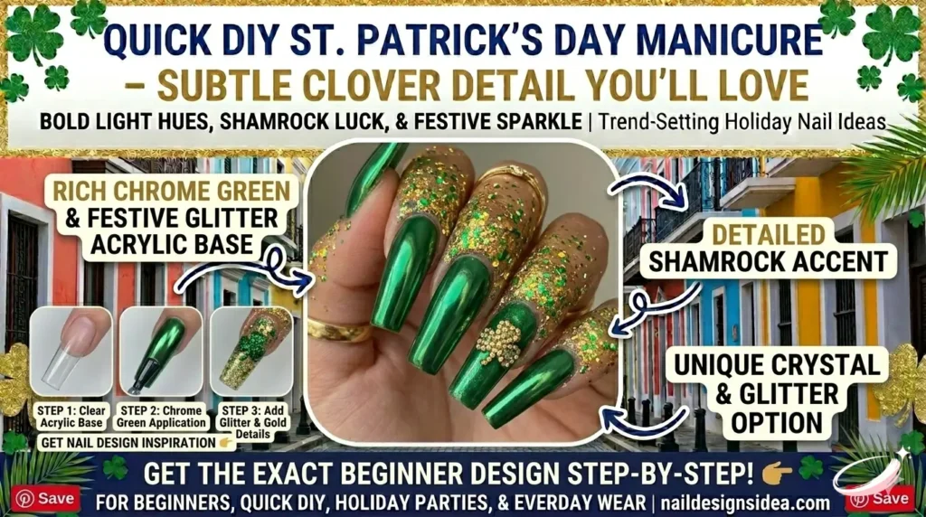 Long acrylic St. Patrick’s Day nails with chrome green and festive glitter