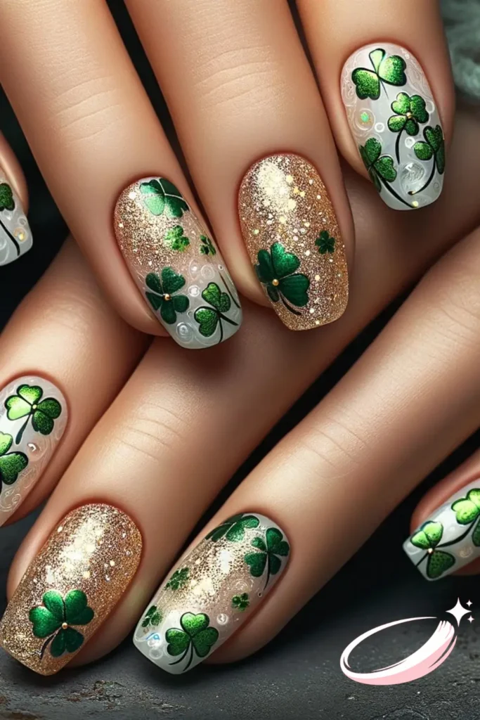 Long acrylic St. Patrick’s Day nails with emerald glitter and gold flakes