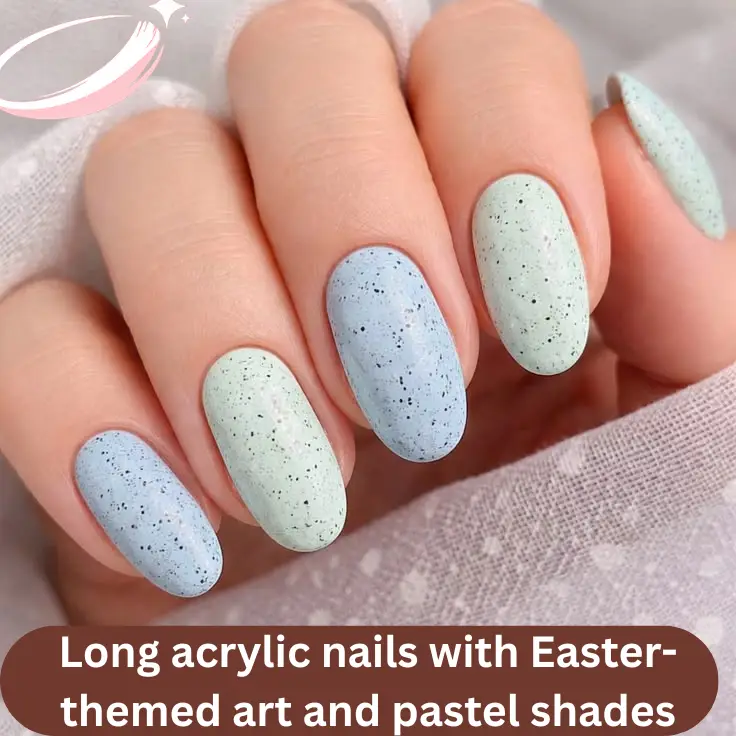 Long acrylic nails with Easter-themed art and pastel shades